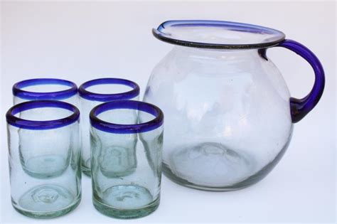 Vintage Mexico Hand Blown Glass Pitcher And Drinking Glasses W Cobalt Blue Trim