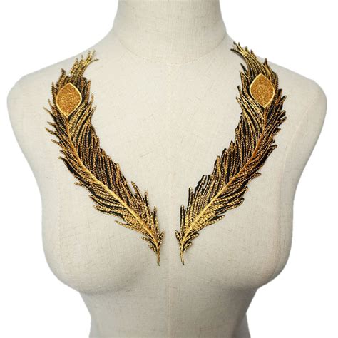 2pcs Gold Embroidery Peacock Feather Sew Iron On Patch Badge Bag Hat