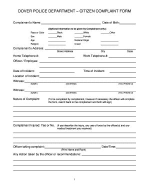 Fillable Online Dover Police Department Citizen Complaint Form Team