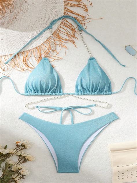 Sky Blue Two Piece Swimsuit For Women Sexy Chain Suspender Halter