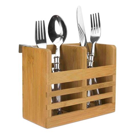 Bamboo Utensil Holder And Fast Drying Rack With Built In Hooks Natural