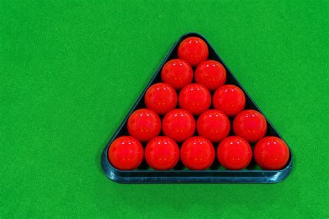 Top View 15 Red Snooker Balls In A Black Frame On A Green Velvet