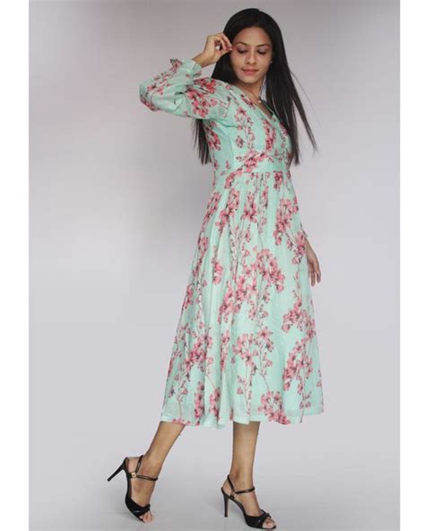 Green And Pink Floral Printed Flared Dress By Threeness The Secret Label