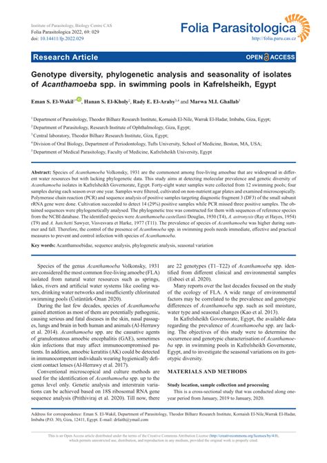 Pdf Genotype Diversity Phylogenetic Analysis And Seasonality Of Isolates Of Acanthamoeba Spp