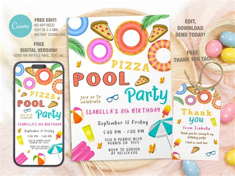 Editable Pizza Pool Party Birthday Invitation Template Printable