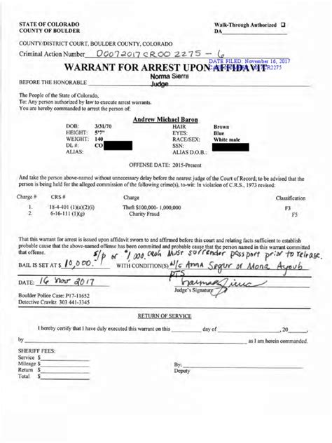 Affidavit For Arrest Warrant Andrew Baron