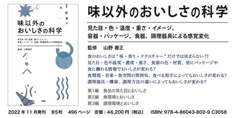 （概要）味以外のおいしさの科学 ～見た目・色・温度・重さ・イメージ、容器・パッケージ、食器、調理器具による感覚変化～