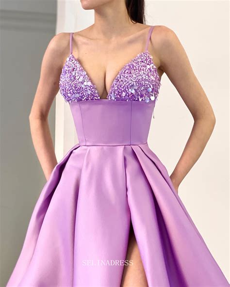 A Line Spaghetti Straps Lilac Prom Dress Thigh Split Satin Evening Gow Selinadress