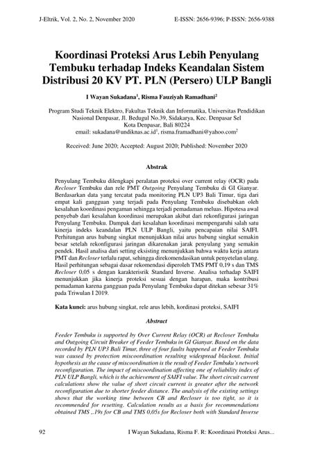 PDF Koordinasi Proteksi Arus Lebih Penyulang Tembuku Terhadap Indeks