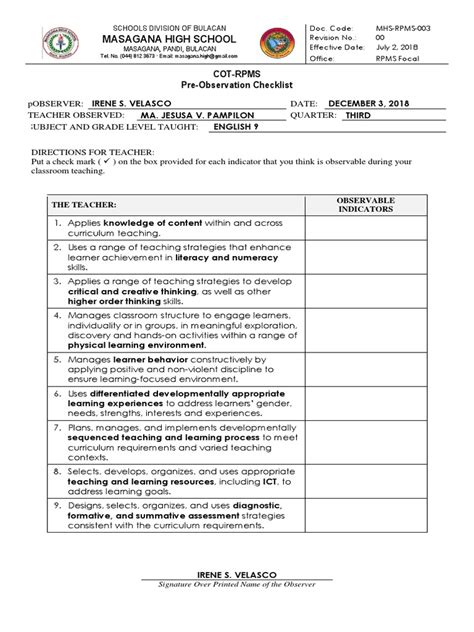 Rpms Form 3 Cot Rpms Pre Observation Checklist Curriculum