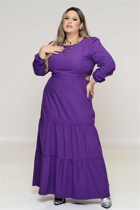 Vestido Plus Size Longo Em Linho Roxo Vk Moda Plus Size