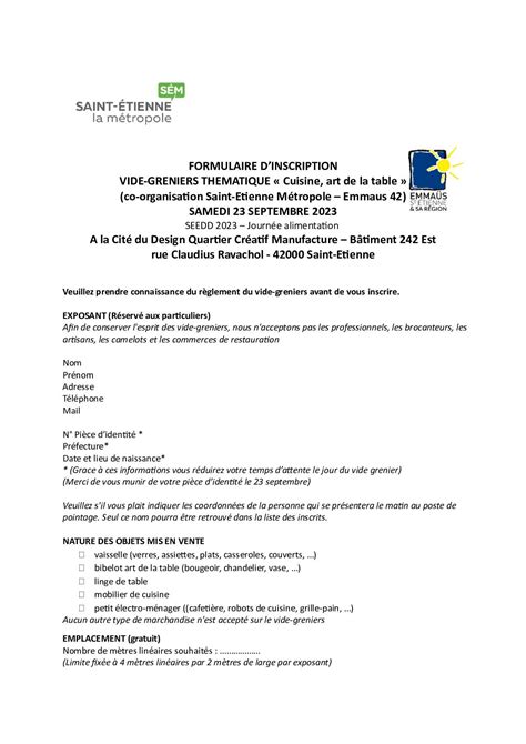 Calam O Formulaire Inscription Vide Grenier Journ E De L Alimentation