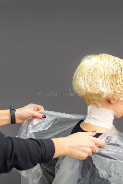 Hairstylist Covers Neck With Cape For A Female Client In A Beauty Salon