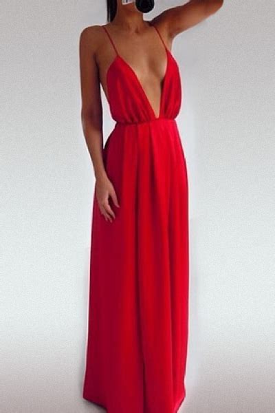 Sexy Deep V Neck Spaghetti Strap Sleeveless Backless Front Split Red