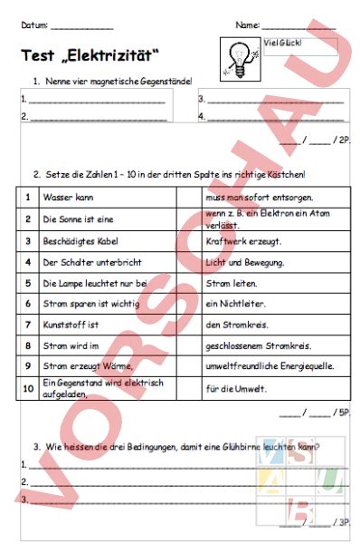 Arbeitsblatt Test Elektrizität Physik Elektrizität Magnetismus