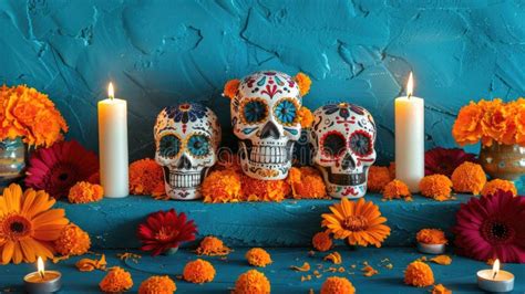 Vibrant Day Of The Dead Altar With Sugar Skulls And Candles Stock Image Image Of Festive