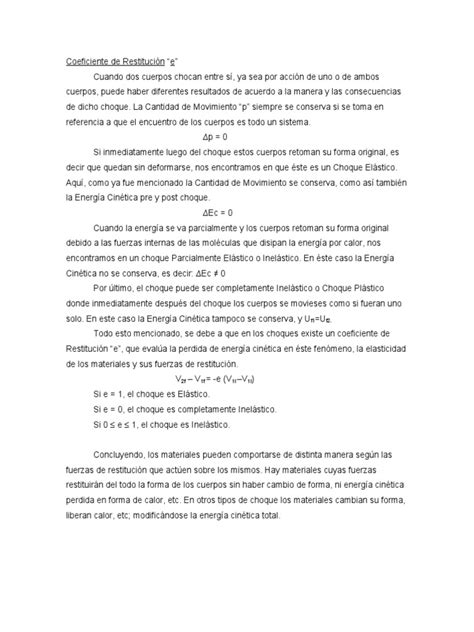 Coeficiente De Restitucióndocx Pdf Oscilación Elasticidad Física