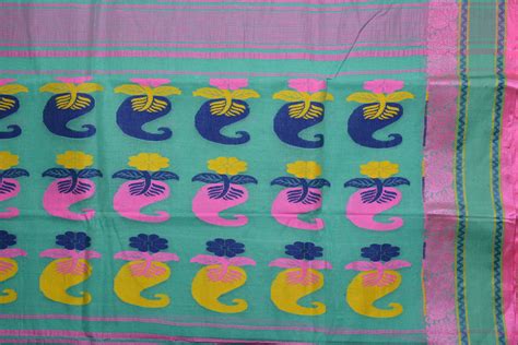 Tvis And Bliss Sea Green And Pink Bengal Cotton Saree