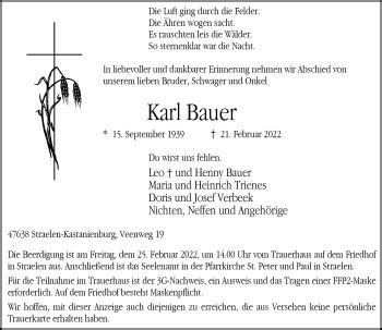 Alle Traueranzeigen F R Karl Bauer Trauer Rp Online De