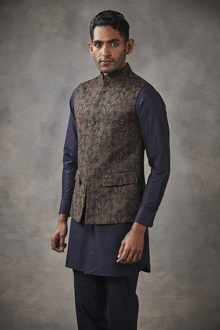 Buy Blue Poly Viscose Embroidered Floral Bundi And Kurta Set For Men By