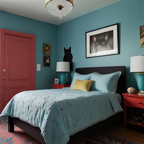 A Bedroom With A Bed A Cat And A Picture On The Wall Premium AI