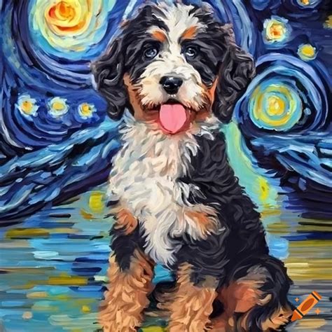 Hyper Detailed Painting Of A Berniedoodle Puppy In Starry Night Style