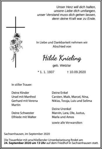 Traueranzeigen Von Hilde Knieling Trauer Hna De