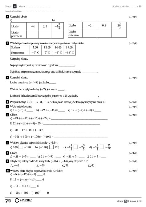 Sprawdzian Z Matematyki Liczby Calkowite Klasa Matematyki Klasa