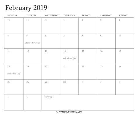 February 2019 Calendar Printable With Holidays