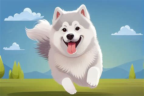 Cute Cartoon Samoyed Husky Dog Anime Plays Runs And Smiles Stock