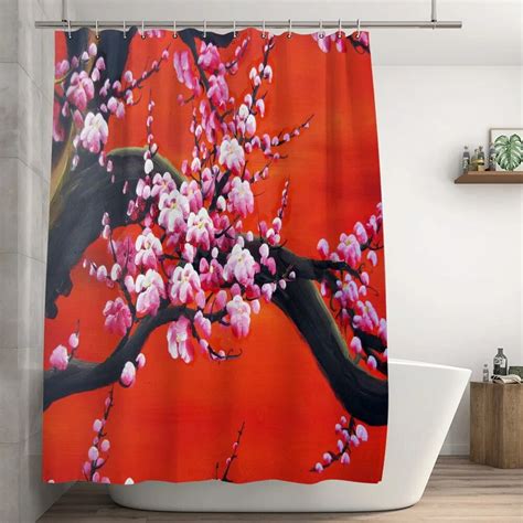 Pink Cherry Blossom Mount Fuji Shower Curtain Hanging Japanese Home Red