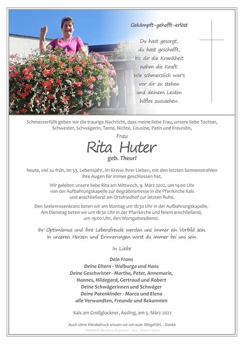 Todesanzeige Rita Huter Trauer Link