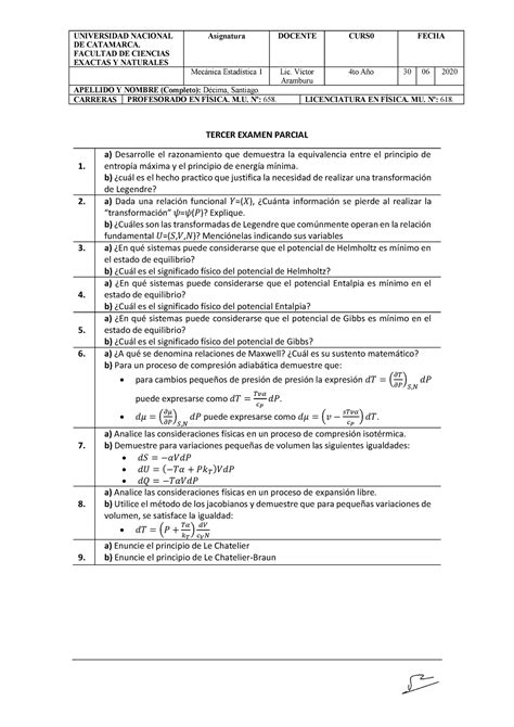 Tercer Exámen Parcial De Mecánica Estadística I Warning Tt