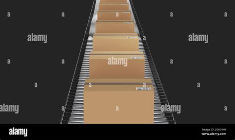 Single Row Of Cardboard Packing Boxes Moving On Conveyor Belt With