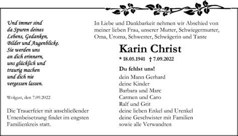 Traueranzeigen Von Karin Christ Trauer Anzeigen De