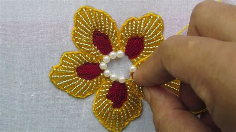 Hand Embroidery Beads Work Flower Embroidery With Beads Youtube