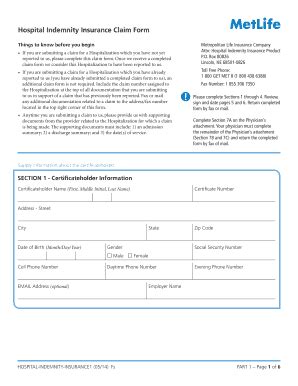 Metlife Hospital Indemnity Claim Form Fill Online Printable