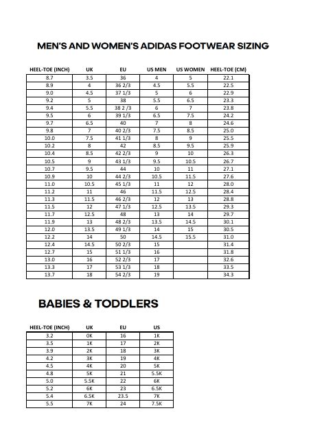 Footwear Size Chart Adidas Download Printable Pdf Templateroller