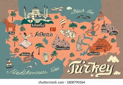 Illustrated Map Attractions Turkey Culture National Stock Vector ...