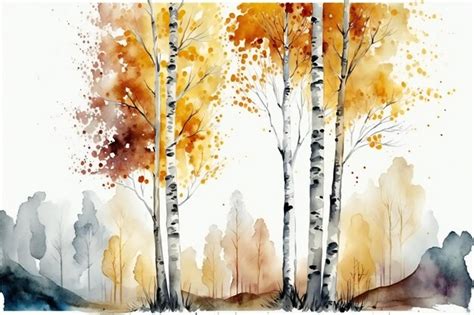 Premium Photo Autumn Birch Trees Watercolor Background Digital Illustration Painting