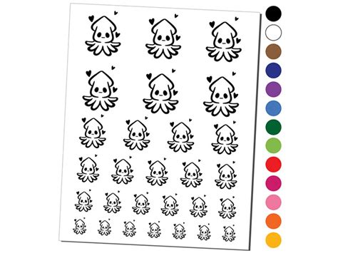 Cute Kawaii Squid With Hearts Sea Life Tentacles Temporary Tattoo Water Resistant Fake Body Art