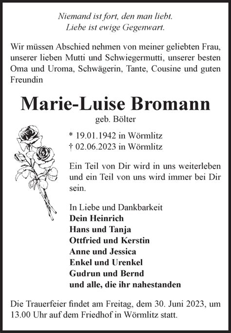 Traueranzeigen Von Marie Luise Bromann Abschied Nehmen De