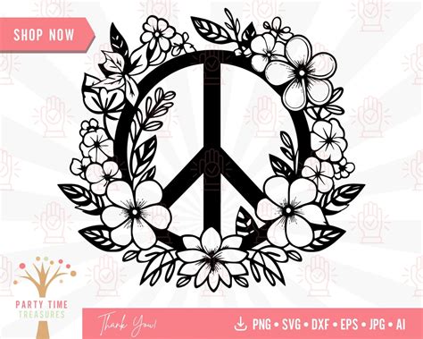 Floral Peace Sign Svg Boho Hippie Wildflower World Peace Symbol Cut File Summer Botanical Png