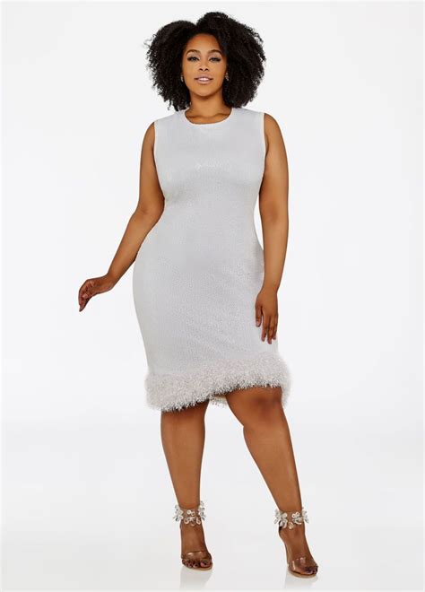 Plus Size Feather Trim Sleeveless Sequin Sheath Dress Dresses Sequin