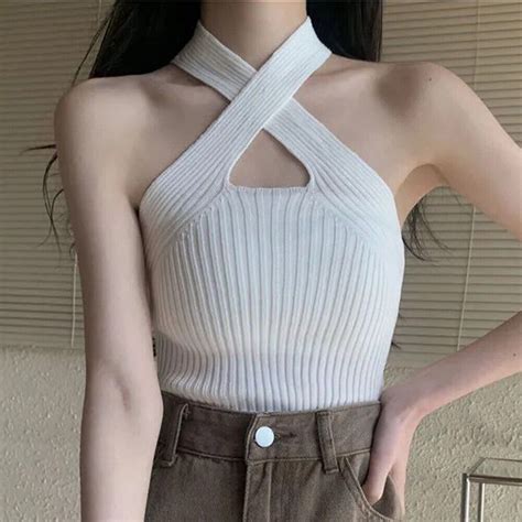 Sexy Solid Color Halter Neck Crop Top For Women Slim Fit Sleeveless