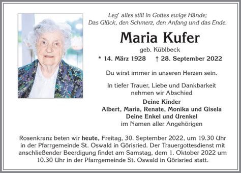 Traueranzeigen von Maria Kufer Allgäuer Zeitung