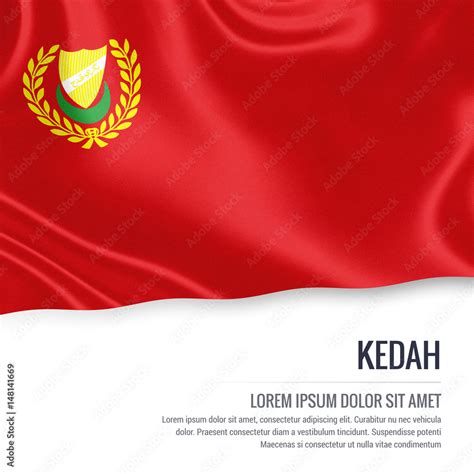 Kedah flag. Flag of Malaysian state Kedah waving on an isolated white background. State name and ...