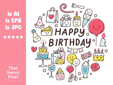 Cute Kawaii Clipart Happy Birthday Colorful Illustration Etsy