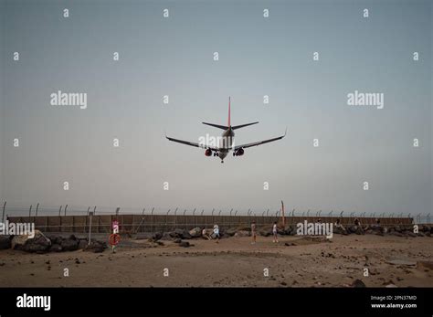 Airplane landing in Lanzarote airport Stock Photo - Alamy