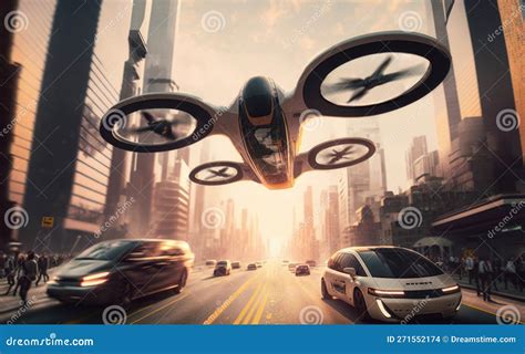 Futuristic Battery Powered Evtol Air Taxi Flying Over The Traffic In